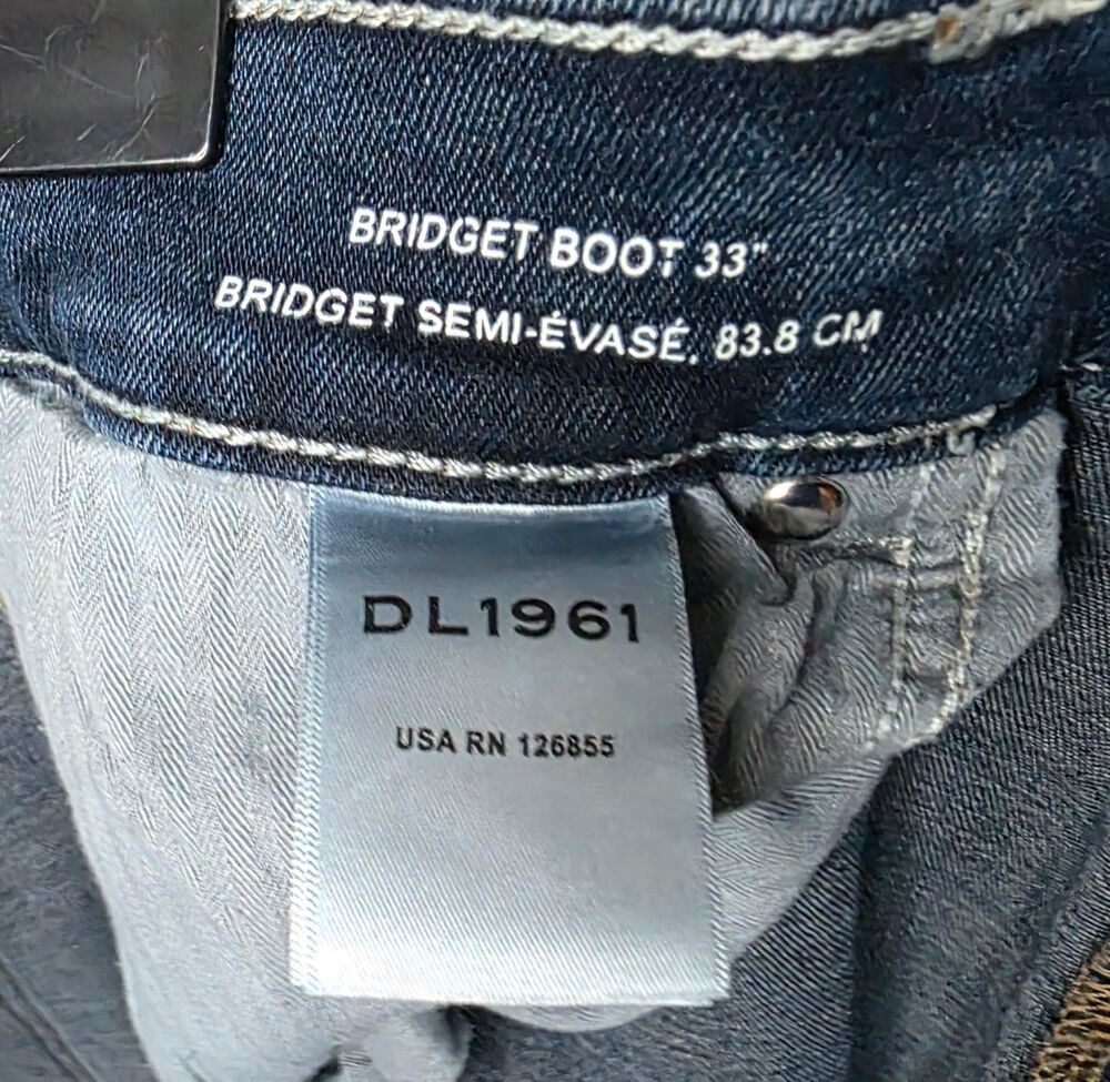 DL1961 Bridget Boot Jeans | Size 33 | High Rise Dark Wash Raw Hem | 34.75 Inseam - Picture 13 of 16